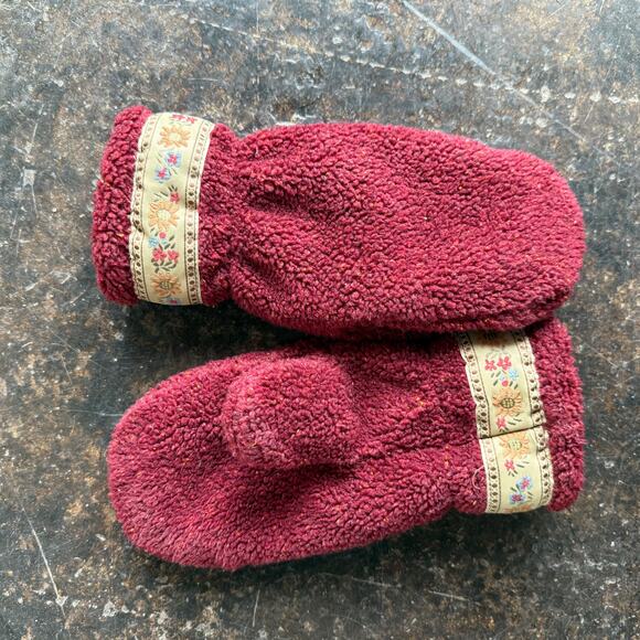 Vtg 80s Mittens Cottagecore Sherpa Fleece Floral Trim Polar Mitts Made in USA S - Picture 2 of 5